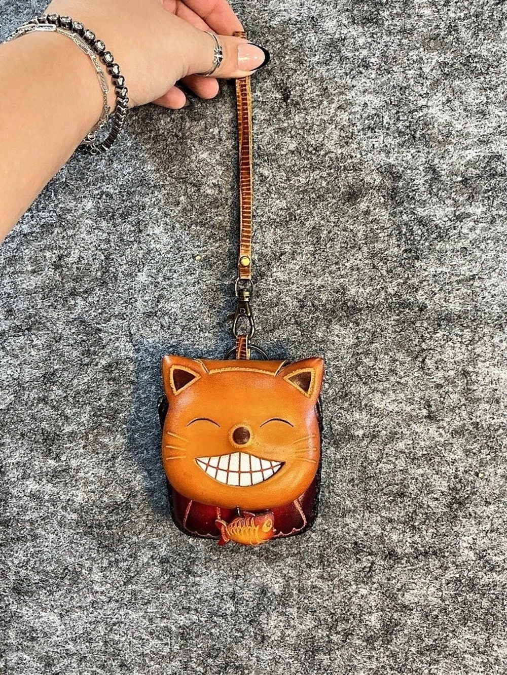Cat Mini Wrist Wallet Leather in Red & Brown